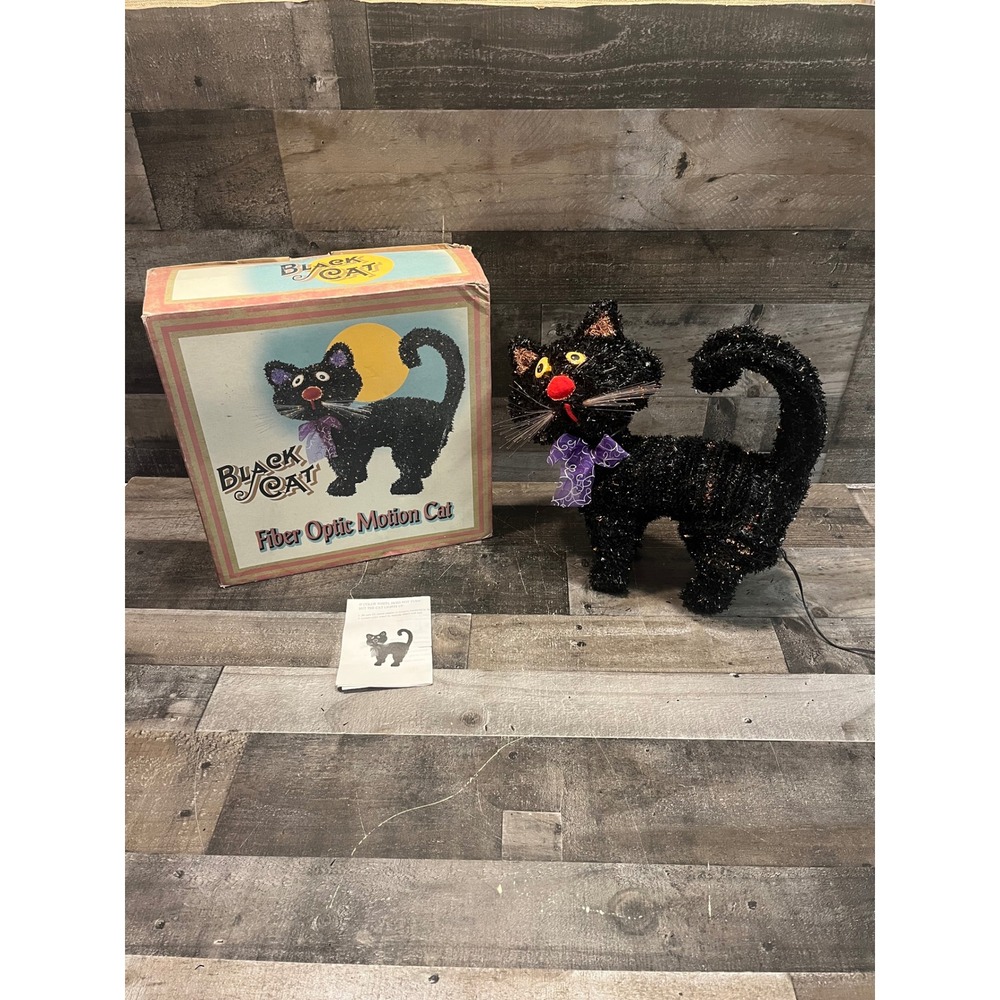 Vintage Black Cat Fiber Optic Motion Cat Halloween Animated Decor with Box